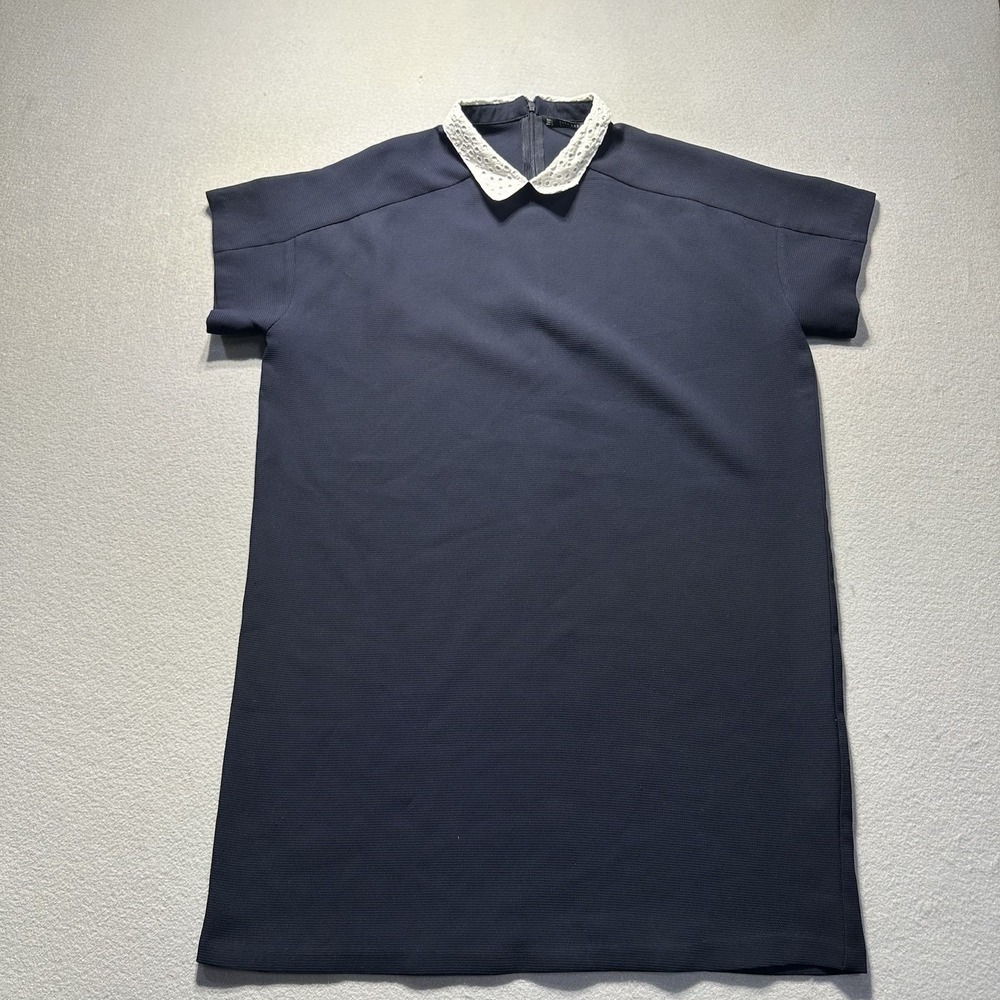 ZARA Navy Blue Short-Sleeve Shift Dress with White Collar Size Small